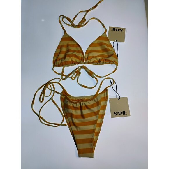 SAME LOS ANGELES Set 2pc Bikiny Swim Top Large Bottom High Weist Stripeed Yellow - Picture 4 of 12